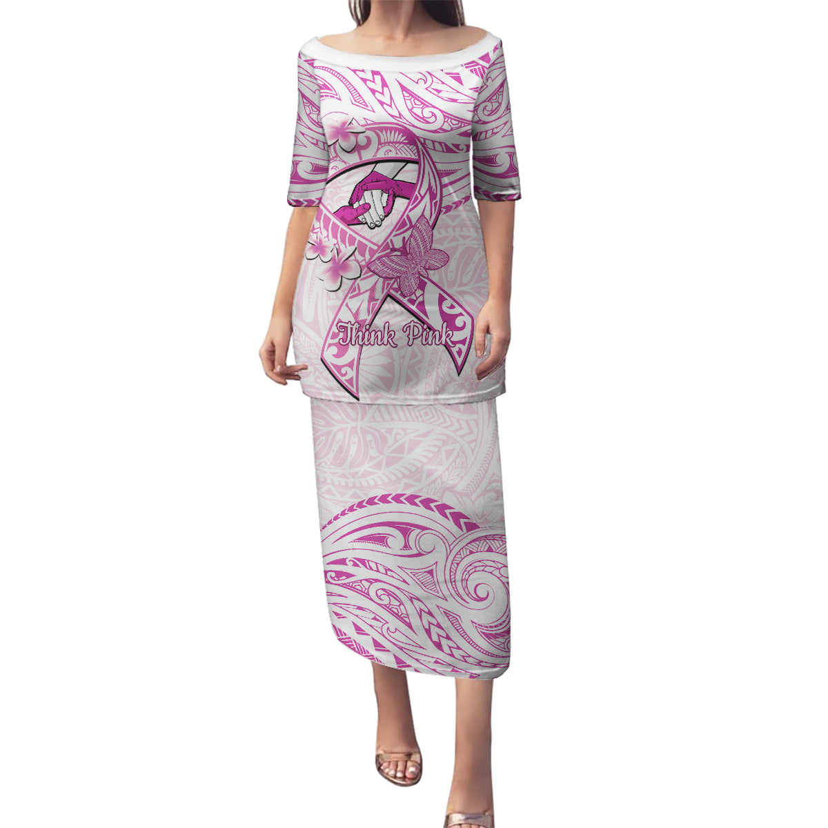 Polynesia Breast Cancer Awareness Family Matching Puletasi and Hawaiian Shirt Pink Ribbon No One Fights Alone - White LT14 Mom's Dress White - Polynesian Pride