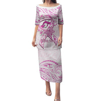 Polynesia Breast Cancer Awareness Family Matching Puletasi and Hawaiian Shirt Pink Ribbon No One Fights Alone - White LT14 Mom's Dress White - Polynesian Pride