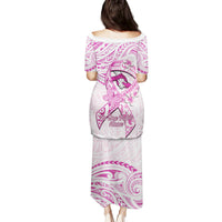 Polynesia Breast Cancer Awareness Family Matching Puletasi and Hawaiian Shirt Pink Ribbon No One Fights Alone - White LT14 - Polynesian Pride