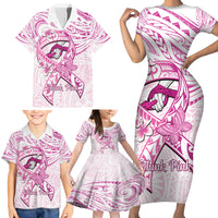 Polynesia Breast Cancer Awareness Family Matching Short Sleeve Bodycon Dress and Hawaiian Shirt Pink Ribbon No One Fights Alone - White LT14 - Polynesian Pride