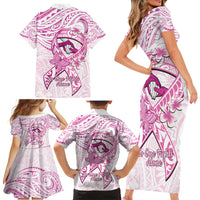 Polynesia Breast Cancer Awareness Family Matching Short Sleeve Bodycon Dress and Hawaiian Shirt Pink Ribbon No One Fights Alone - White LT14 - Polynesian Pride