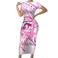 Polynesia Breast Cancer Awareness Family Matching Short Sleeve Bodycon Dress and Hawaiian Shirt Pink Ribbon No One Fights Alone - White LT14 Mom's Dress White - Polynesian Pride