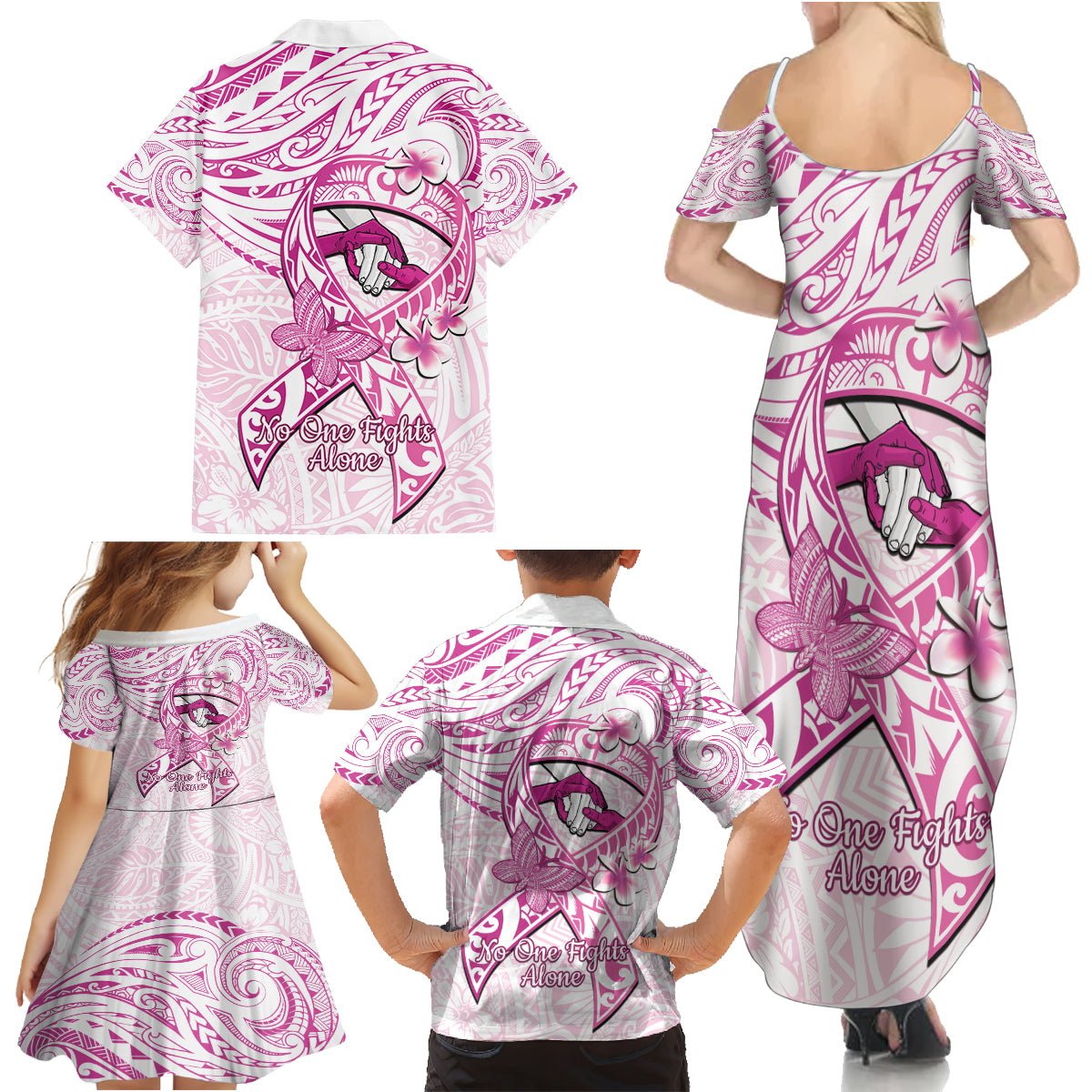 Polynesia Breast Cancer Awareness Family Matching Summer Maxi Dress and Hawaiian Shirt Pink Ribbon No One Fights Alone - White LT14 - Polynesian Pride