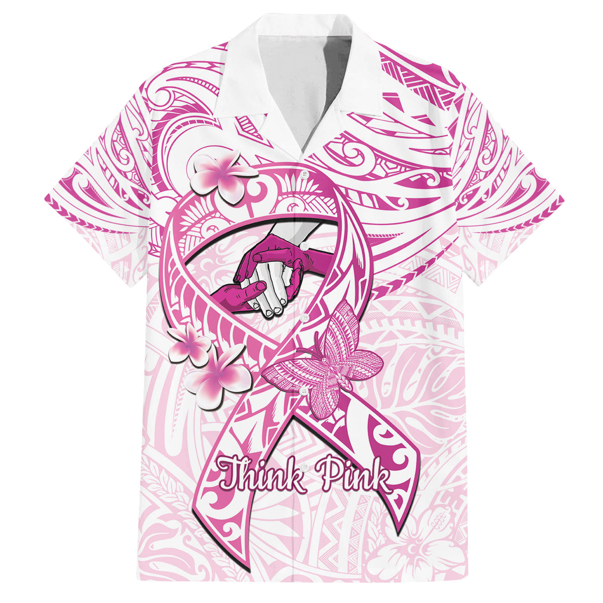 Polynesia Breast Cancer Awareness Family Matching Summer Maxi Dress and Hawaiian Shirt Pink Ribbon No One Fights Alone - White LT14 Dad's Shirt - Short Sleeve White - Polynesian Pride