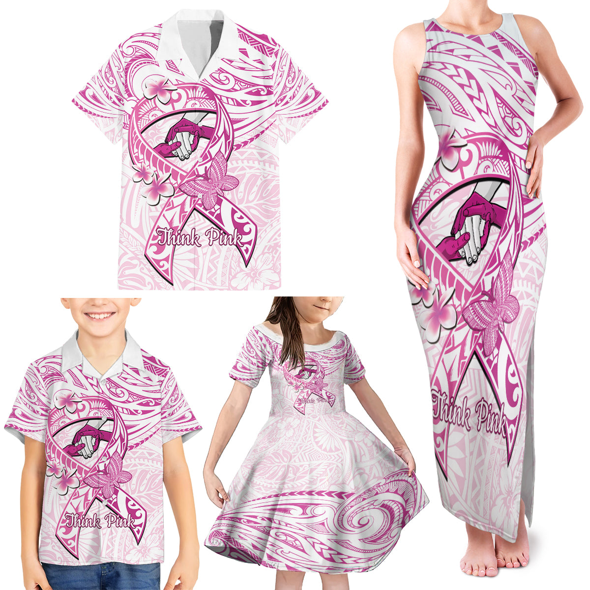 Polynesia Breast Cancer Awareness Family Matching Tank Maxi Dress and Hawaiian Shirt Pink Ribbon No One Fights Alone - White LT14 - Polynesian Pride