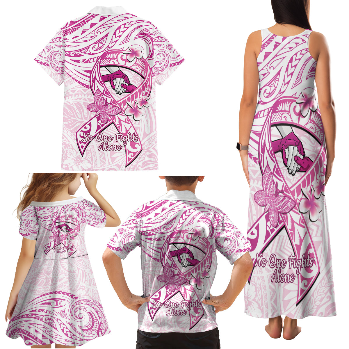 Polynesia Breast Cancer Awareness Family Matching Tank Maxi Dress and Hawaiian Shirt Pink Ribbon No One Fights Alone - White LT14 - Polynesian Pride