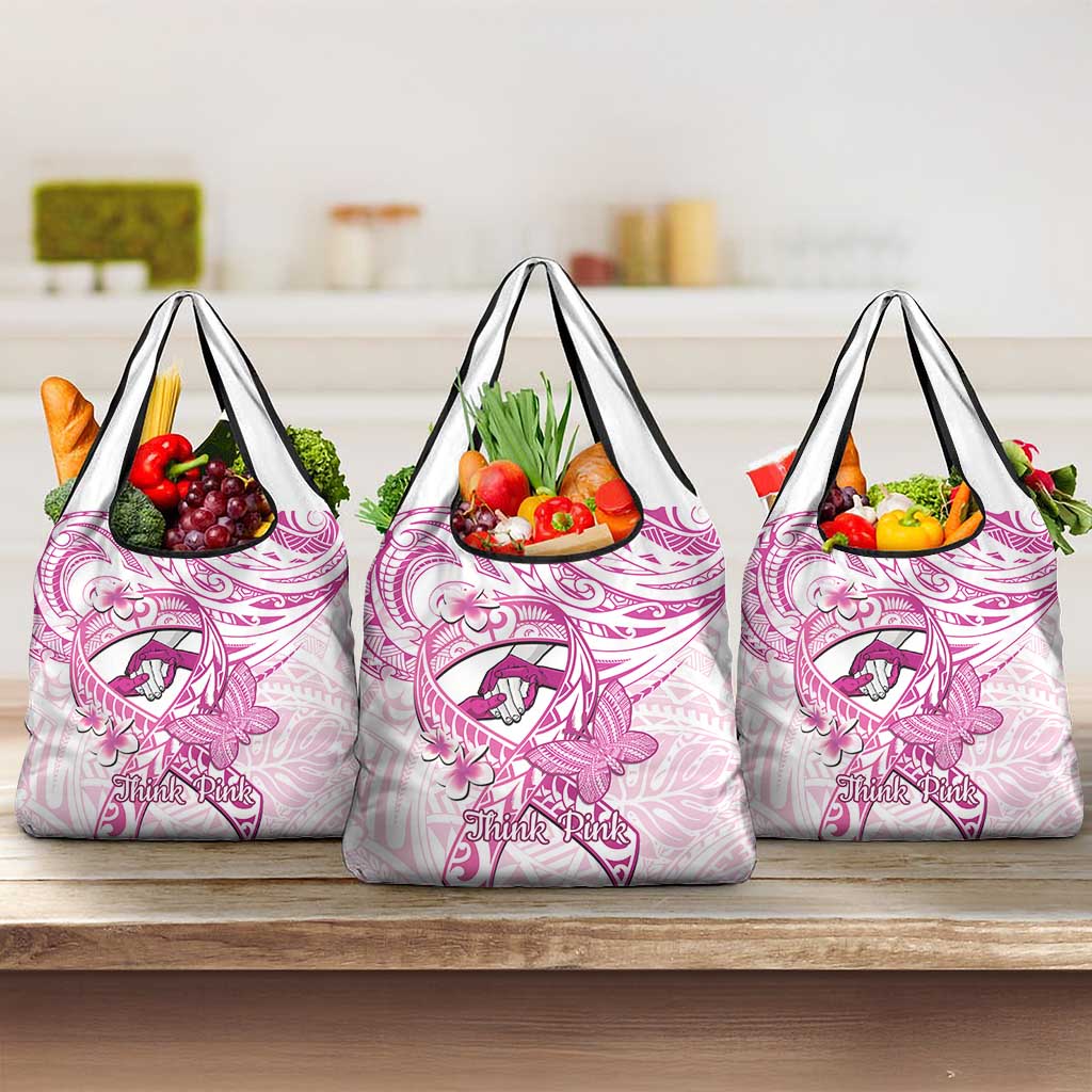 Polynesia Breast Cancer Awareness Grocery Bag Pink Ribbon No One Fights Alone - White