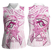 Polynesia Breast Cancer Awareness Women Sleeveless Polo Shirt Pink Ribbon No One Fights Alone - White