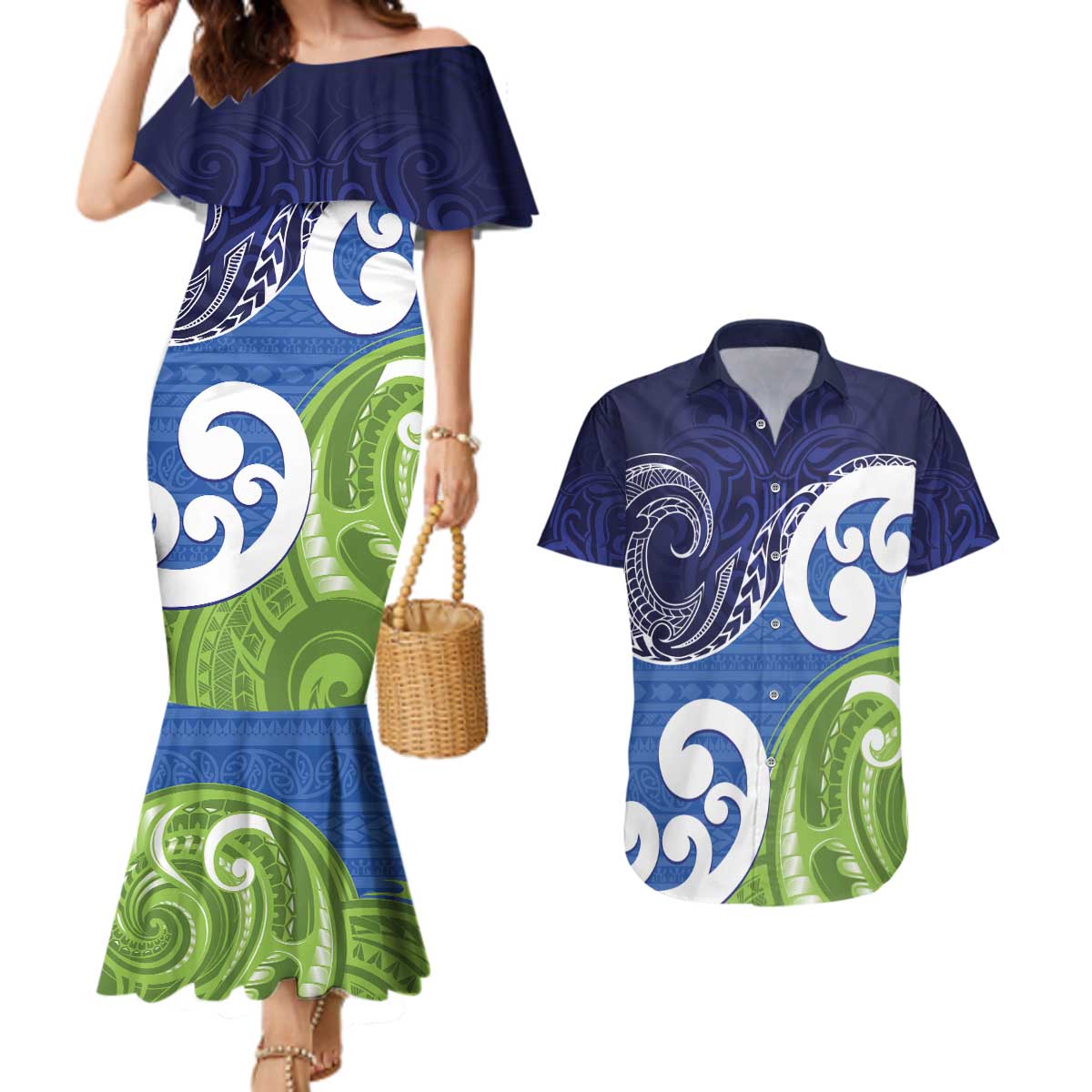 Southland New Zealand Couples Matching Mermaid Dress and Hawaiian Shirt Maori Koru Flag Color LT14 Blue - Polynesian Pride