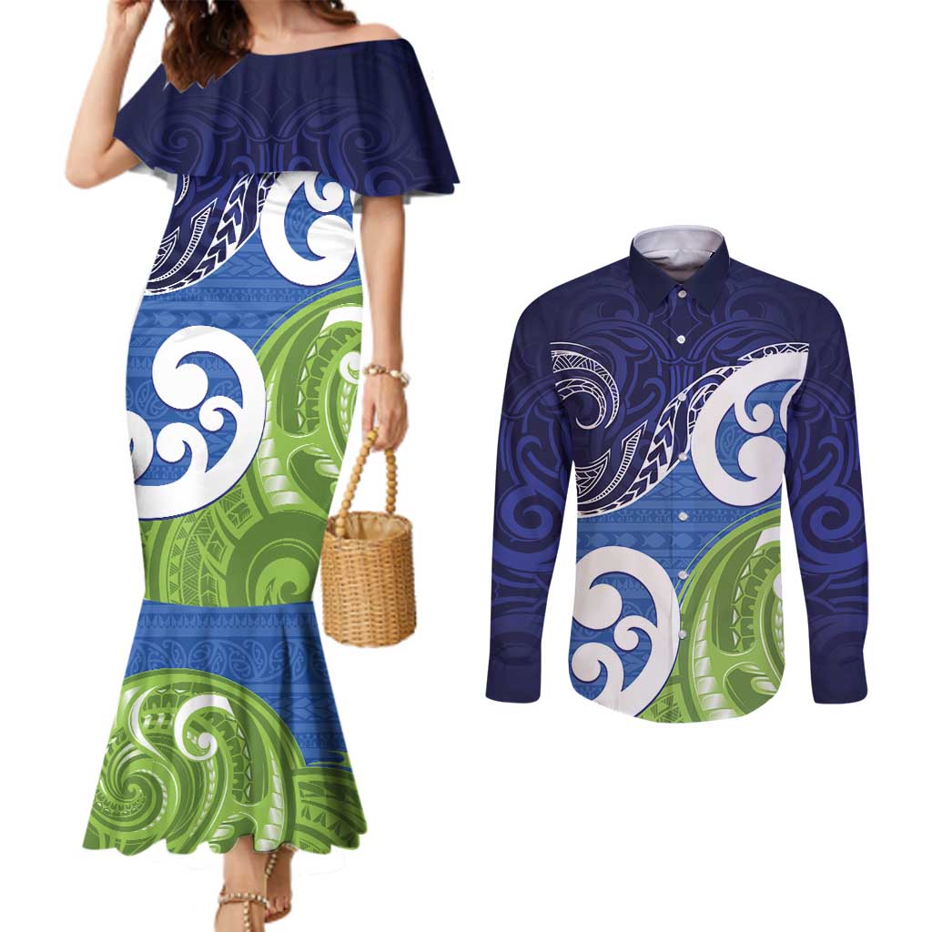 Southland New Zealand Couples Matching Mermaid Dress and Long Sleeve Button Shirt Maori Koru Flag Color LT14 Blue - Polynesian Pride