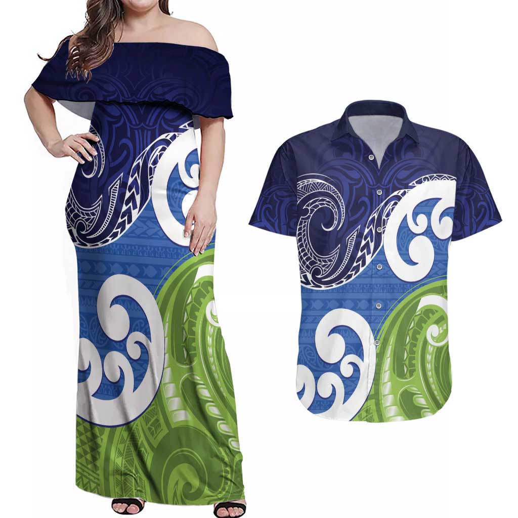 Southland New Zealand Couples Matching Off Shoulder Maxi Dress and Hawaiian Shirt Maori Koru Flag Color LT14 Blue - Polynesian Pride