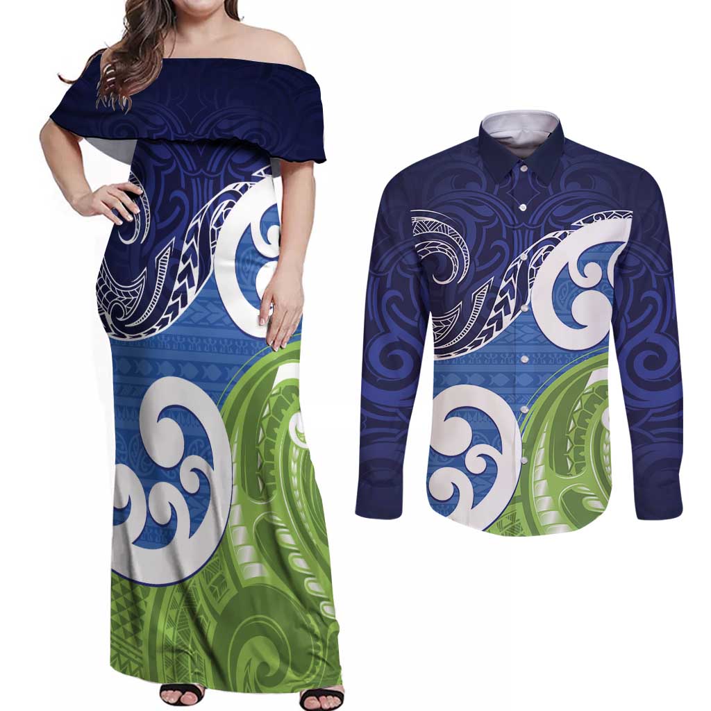 Southland New Zealand Couples Matching Off Shoulder Maxi Dress and Long Sleeve Button Shirt Maori Koru Flag Color LT14 Blue - Polynesian Pride