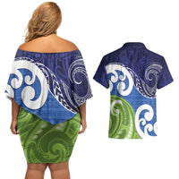 Southland New Zealand Couples Matching Off Shoulder Short Dress and Hawaiian Shirt Maori Koru Flag Color LT14 - Polynesian Pride