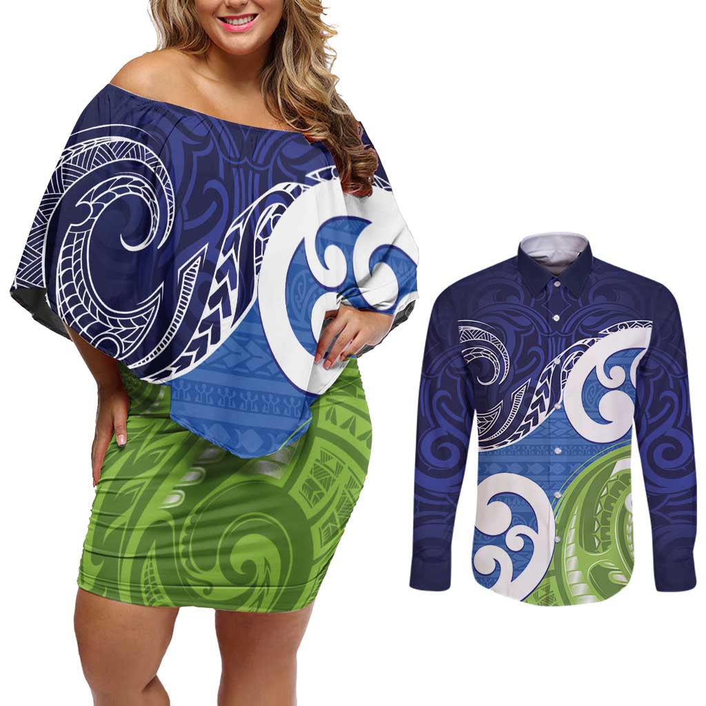 Southland New Zealand Couples Matching Off Shoulder Short Dress and Long Sleeve Button Shirt Maori Koru Flag Color LT14 Blue - Polynesian Pride