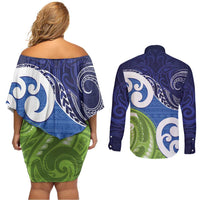 Southland New Zealand Couples Matching Off Shoulder Short Dress and Long Sleeve Button Shirt Maori Koru Flag Color LT14 - Polynesian Pride