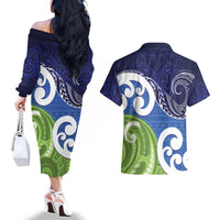 Southland New Zealand Couples Matching Off The Shoulder Long Sleeve Dress and Hawaiian Shirt Maori Koru Flag Color LT14 - Polynesian Pride
