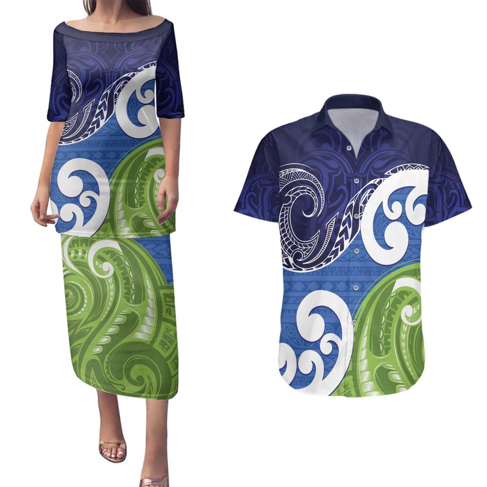 Southland New Zealand Couples Matching Puletasi and Hawaiian Shirt Maori Koru Flag Color LT14 Blue - Polynesian Pride