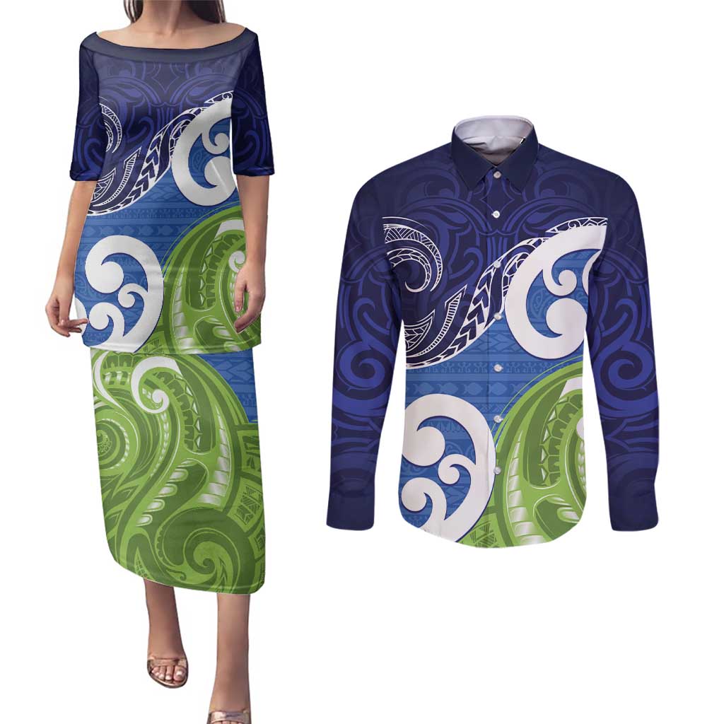 Southland New Zealand Couples Matching Puletasi and Long Sleeve Button Shirt Maori Koru Flag Color LT14 Blue - Polynesian Pride