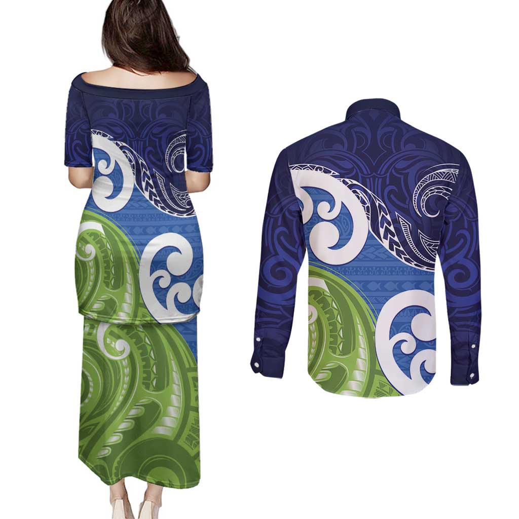 Southland New Zealand Couples Matching Puletasi and Long Sleeve Button Shirt Maori Koru Flag Color LT14 - Polynesian Pride