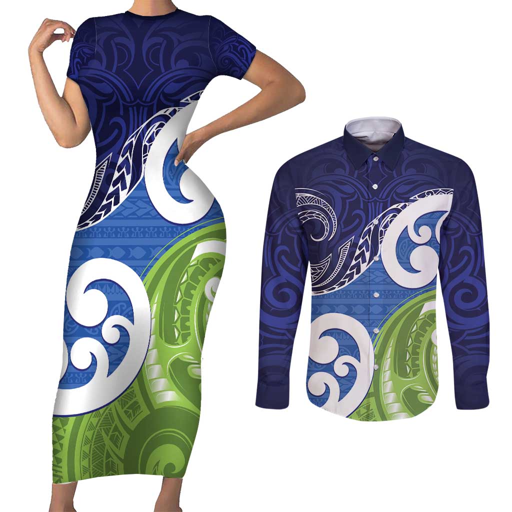 Southland New Zealand Couples Matching Short Sleeve Bodycon Dress and Long Sleeve Button Shirt Maori Koru Flag Color LT14 Blue - Polynesian Pride