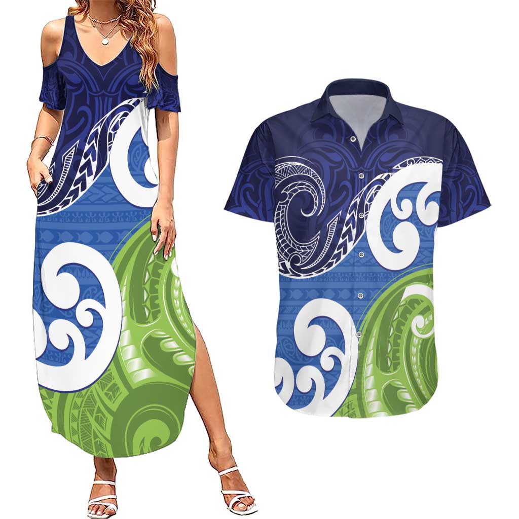 Southland New Zealand Couples Matching Summer Maxi Dress and Hawaiian Shirt Maori Koru Flag Color LT14 Blue - Polynesian Pride