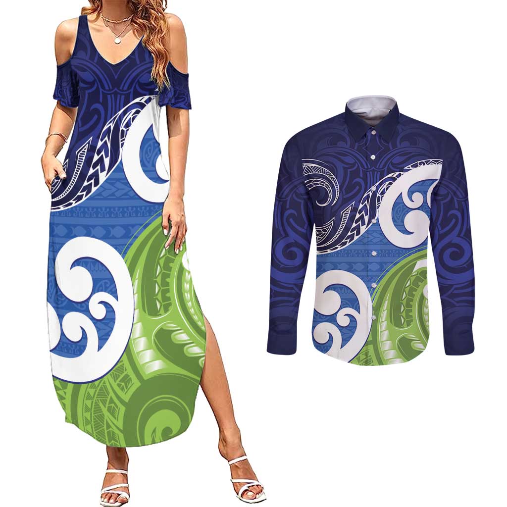 Southland New Zealand Couples Matching Summer Maxi Dress and Long Sleeve Button Shirt Maori Koru Flag Color LT14 Blue - Polynesian Pride