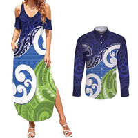 Southland New Zealand Couples Matching Summer Maxi Dress and Long Sleeve Button Shirt Maori Koru Flag Color LT14 Blue - Polynesian Pride