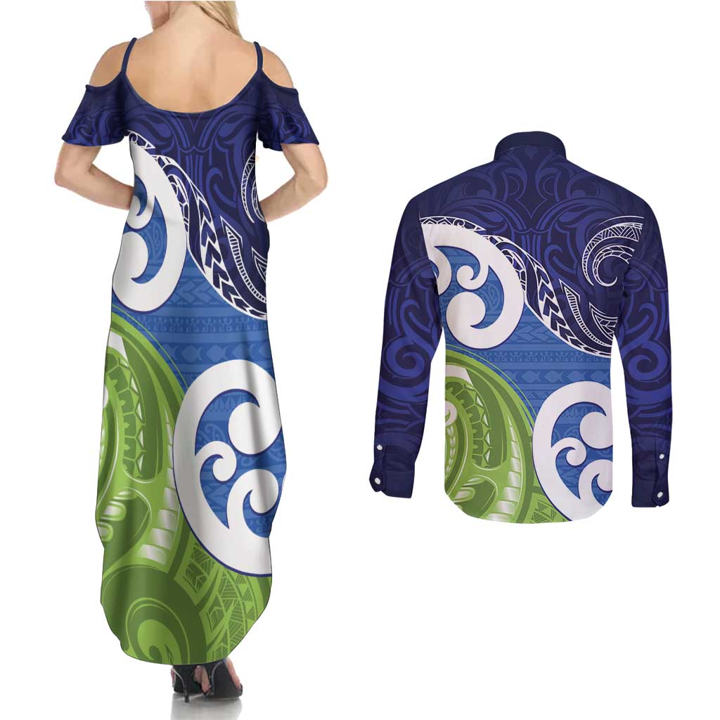 Southland New Zealand Couples Matching Summer Maxi Dress and Long Sleeve Button Shirt Maori Koru Flag Color LT14 - Polynesian Pride