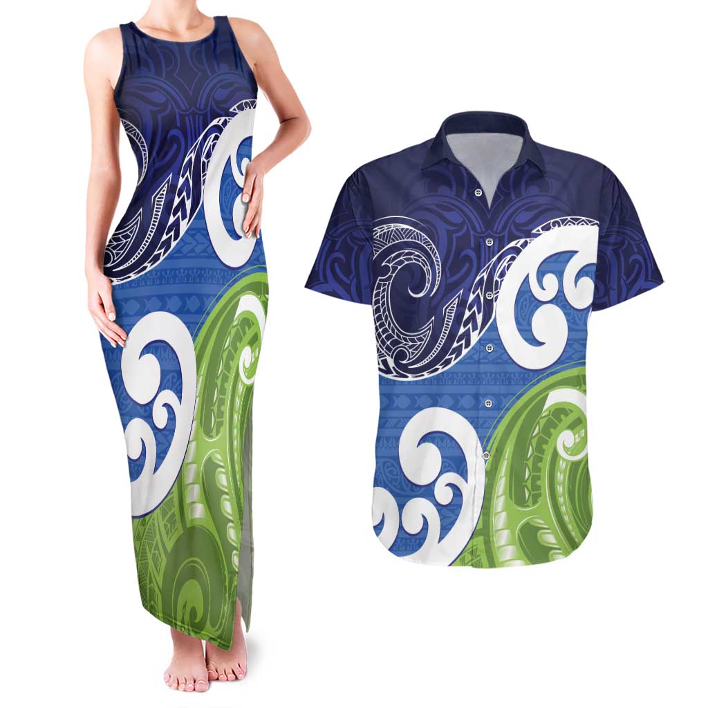 Southland New Zealand Couples Matching Tank Maxi Dress and Hawaiian Shirt Maori Koru Flag Color LT14 Blue - Polynesian Pride