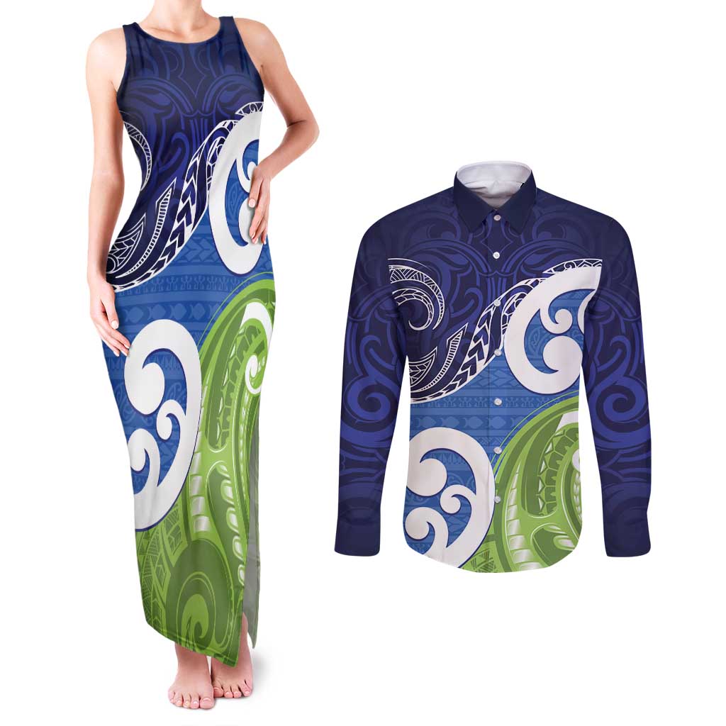Southland New Zealand Couples Matching Tank Maxi Dress and Long Sleeve Button Shirt Maori Koru Flag Color LT14 Blue - Polynesian Pride