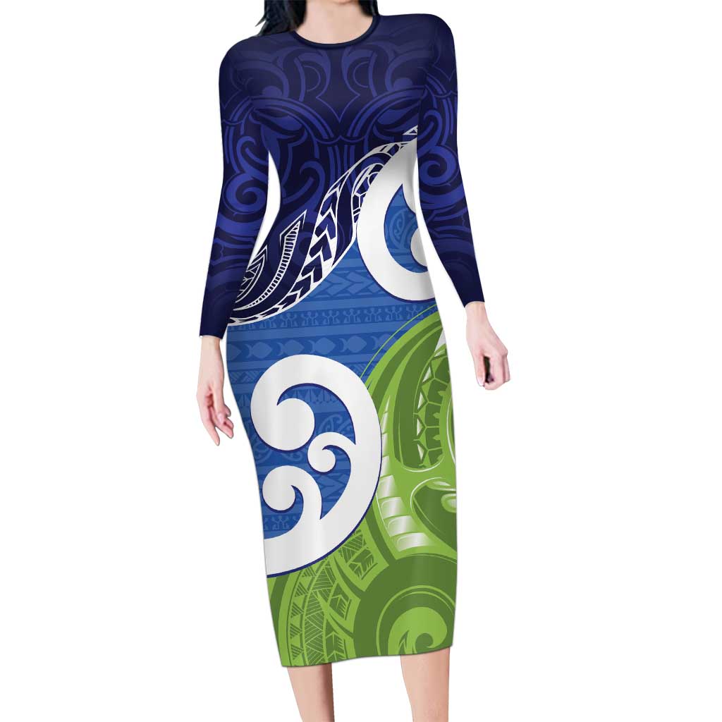 Southland New Zealand Family Matching Long Sleeve Bodycon Dress and Hawaiian Shirt Maori Koru Flag Color LT14 Mom's Dress Blue - Polynesian Pride