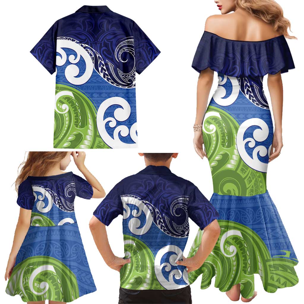 Southland New Zealand Family Matching Mermaid Dress and Hawaiian Shirt Maori Koru Flag Color LT14 - Polynesian Pride