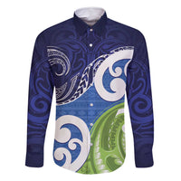 Southland New Zealand Family Matching Mermaid Dress and Hawaiian Shirt Maori Koru Flag Color LT14 Dad's Shirt - Long Sleeve Blue - Polynesian Pride
