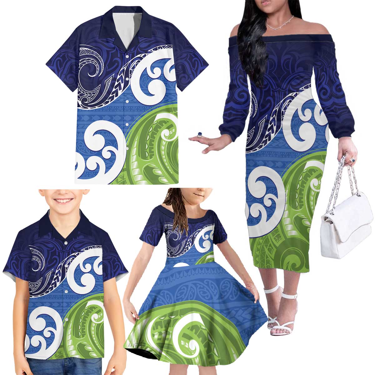 Southland New Zealand Family Matching Off The Shoulder Long Sleeve Dress and Hawaiian Shirt Maori Koru Flag Color LT14 - Polynesian Pride