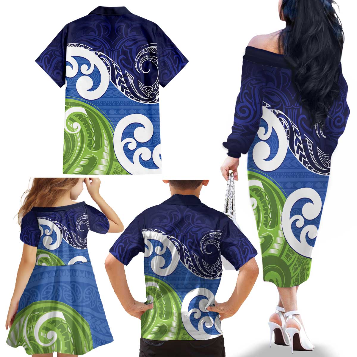 Southland New Zealand Family Matching Off The Shoulder Long Sleeve Dress and Hawaiian Shirt Maori Koru Flag Color LT14 - Polynesian Pride