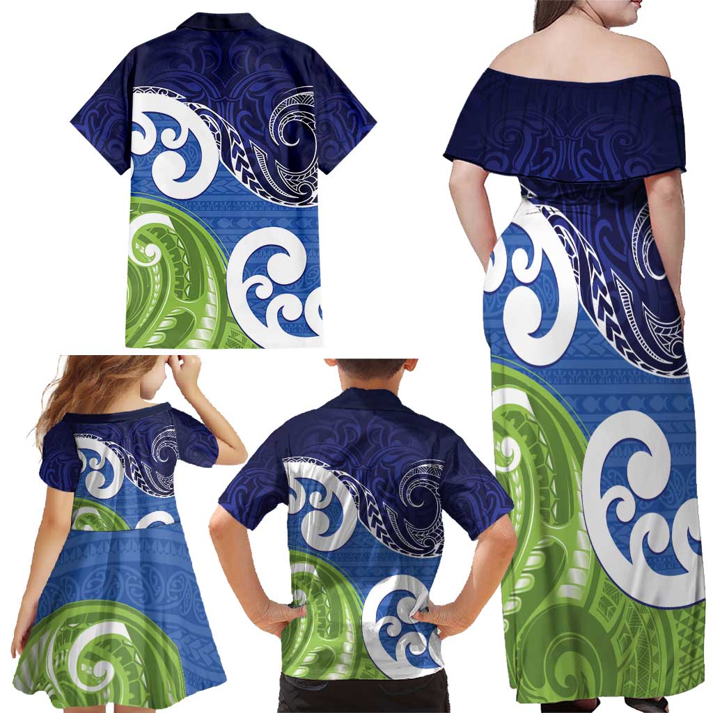 Southland New Zealand Family Matching Off Shoulder Maxi Dress and Hawaiian Shirt Maori Koru Flag Color LT14 - Polynesian Pride