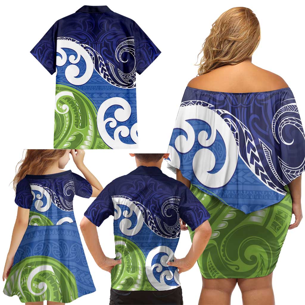 Southland New Zealand Family Matching Off Shoulder Short Dress and Hawaiian Shirt Maori Koru Flag Color LT14 - Polynesian Pride