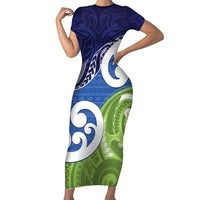 Southland New Zealand Family Matching Short Sleeve Bodycon Dress and Hawaiian Shirt Maori Koru Flag Color LT14 Mom's Dress Blue - Polynesian Pride