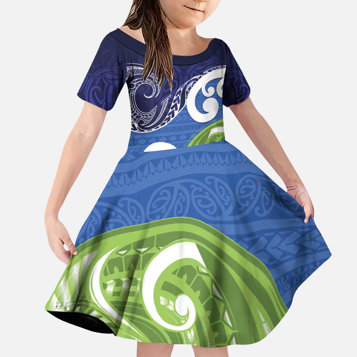 Southland New Zealand Kid Short Sleeve Dress Maori Koru Flag Color LT14 KID Blue - Polynesian Pride
