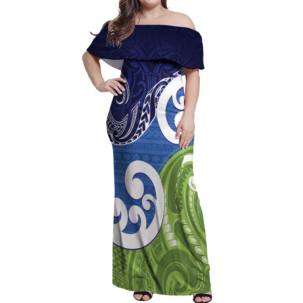 Southland New Zealand Off Shoulder Maxi Dress Maori Koru Flag Color LT14 Women Blue - Polynesian Pride