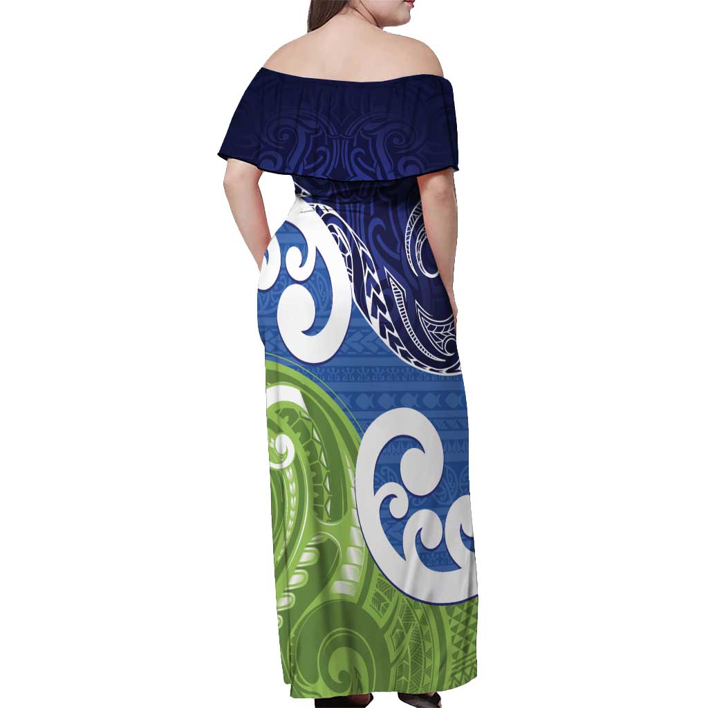 Southland New Zealand Off Shoulder Maxi Dress Maori Koru Flag Color LT14 - Polynesian Pride