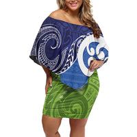 Southland New Zealand Off Shoulder Short Dress Maori Koru Flag Color LT14 Women Blue - Polynesian Pride
