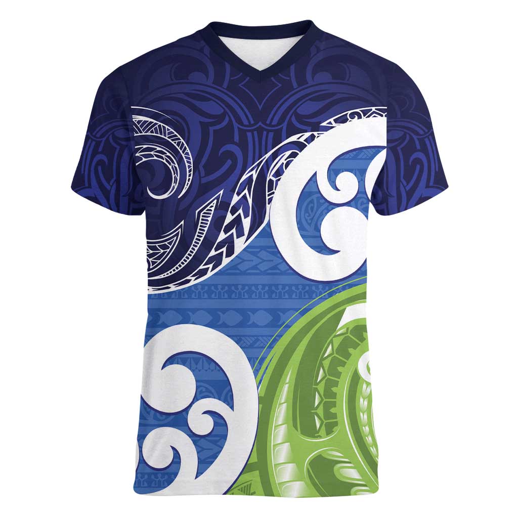 Southland New Zealand Women V-Neck T-Shirt Maori Koru Flag Color LT14 Female Blue - Polynesian Pride