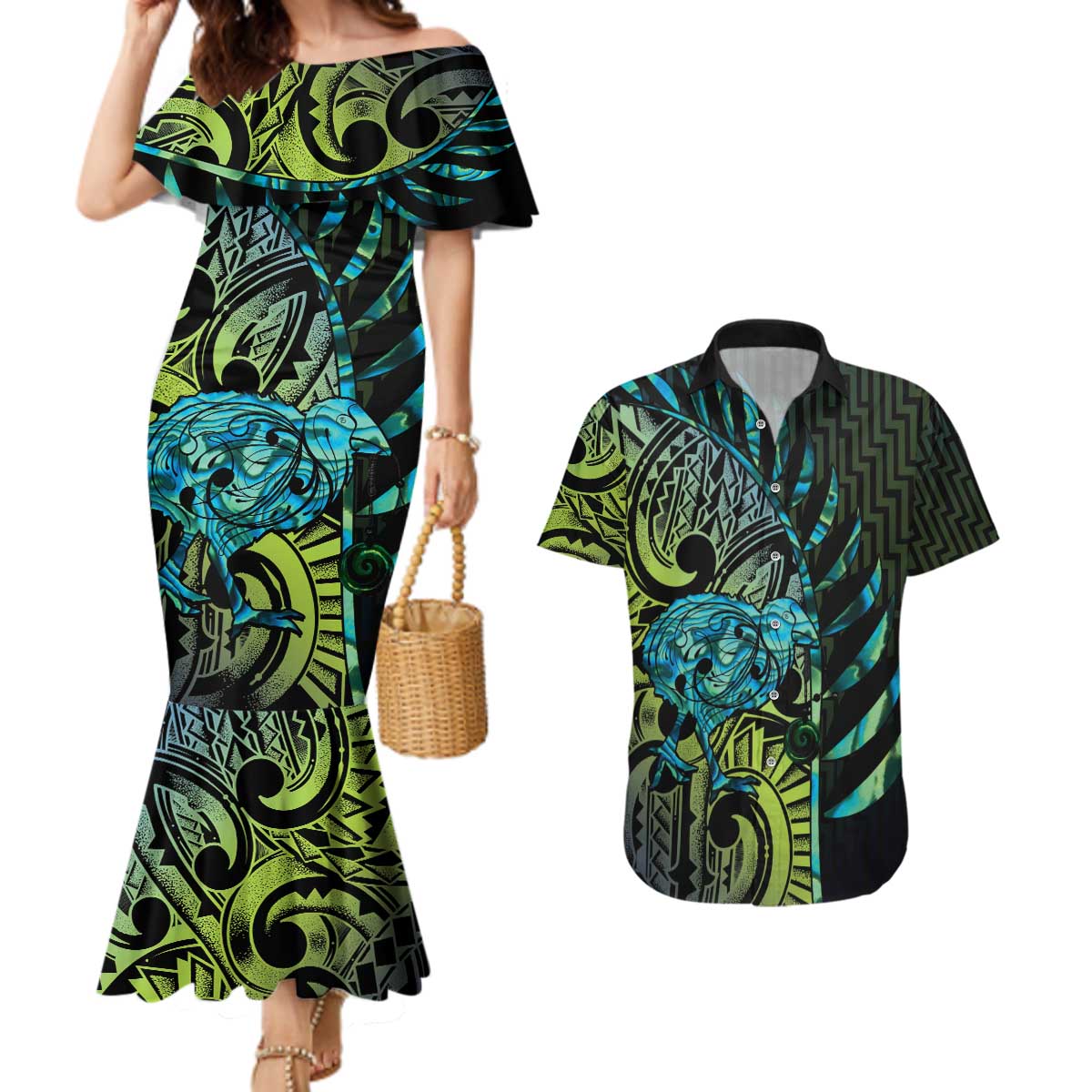 Southland Takehe Pounama Couples Matching Mermaid Dress and Hawaiian Shirt Aotearoa Poutama Paua Shell Fern LT14 Black - Polynesian Pride