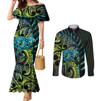Southland Takehe Pounama Couples Matching Mermaid Dress and Long Sleeve Button Shirt Aotearoa Poutama Paua Shell Fern LT14 Black - Polynesian Pride