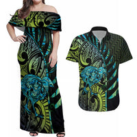 Southland Takehe Pounama Couples Matching Off Shoulder Maxi Dress and Hawaiian Shirt Aotearoa Poutama Paua Shell Fern LT14 Black - Polynesian Pride