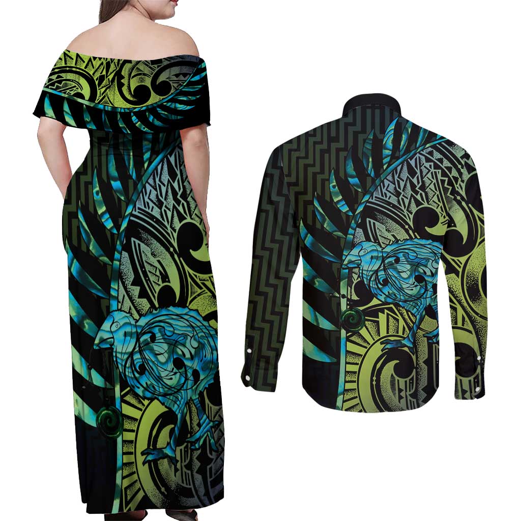 Southland Takehe Pounama Couples Matching Off Shoulder Maxi Dress and Long Sleeve Button Shirt Aotearoa Poutama Paua Shell Fern LT14 - Polynesian Pride