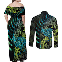 Southland Takehe Pounama Couples Matching Off Shoulder Maxi Dress and Long Sleeve Button Shirt Aotearoa Poutama Paua Shell Fern LT14 - Polynesian Pride