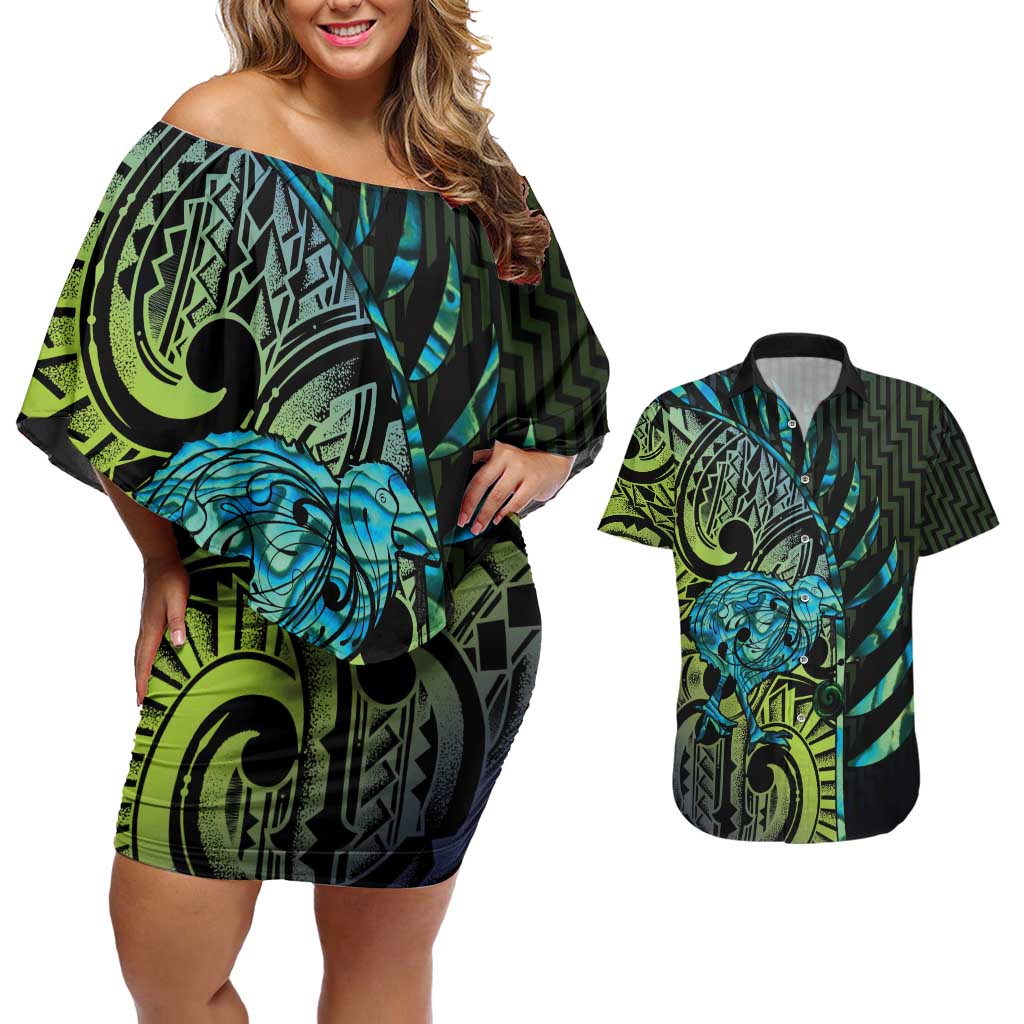 Southland Takehe Pounama Couples Matching Off Shoulder Short Dress and Hawaiian Shirt Aotearoa Poutama Paua Shell Fern