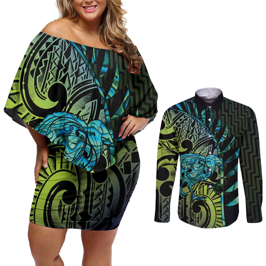 Southland Takehe Pounama Couples Matching Off Shoulder Short Dress and Long Sleeve Button Shirt Aotearoa Poutama Paua Shell Fern LT14 Black - Polynesian Pride